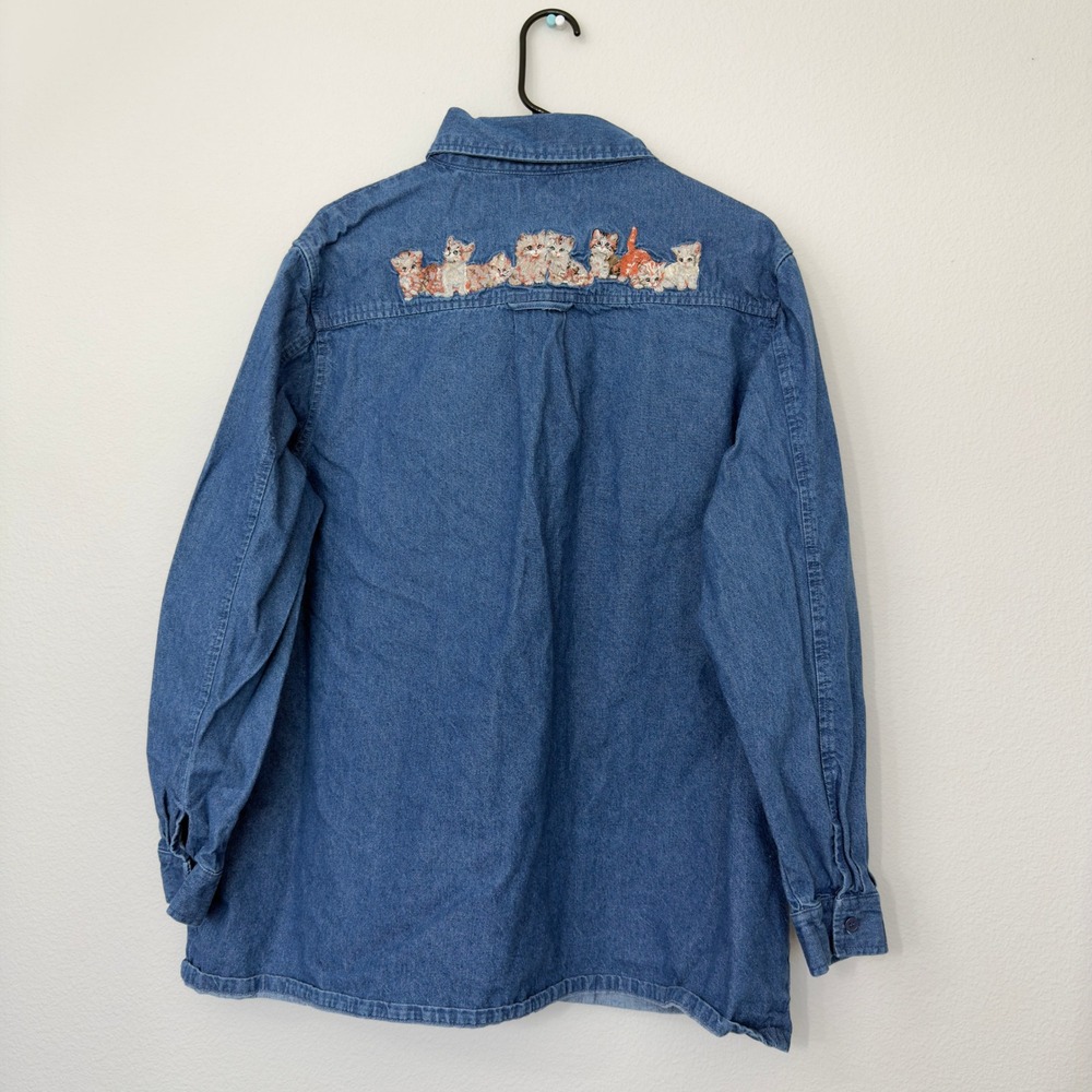 The Bradford Exchange Denim Shirt Womens 2X Blue Good Embroidered Cat Kitten - Picture 2 of 12